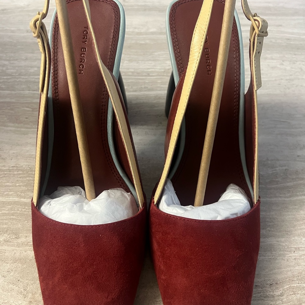 Tory Burch Leather & Suede Marquetry Peep-toe sandal - Red, Mint & Tan Heels - Picture 5 of 7